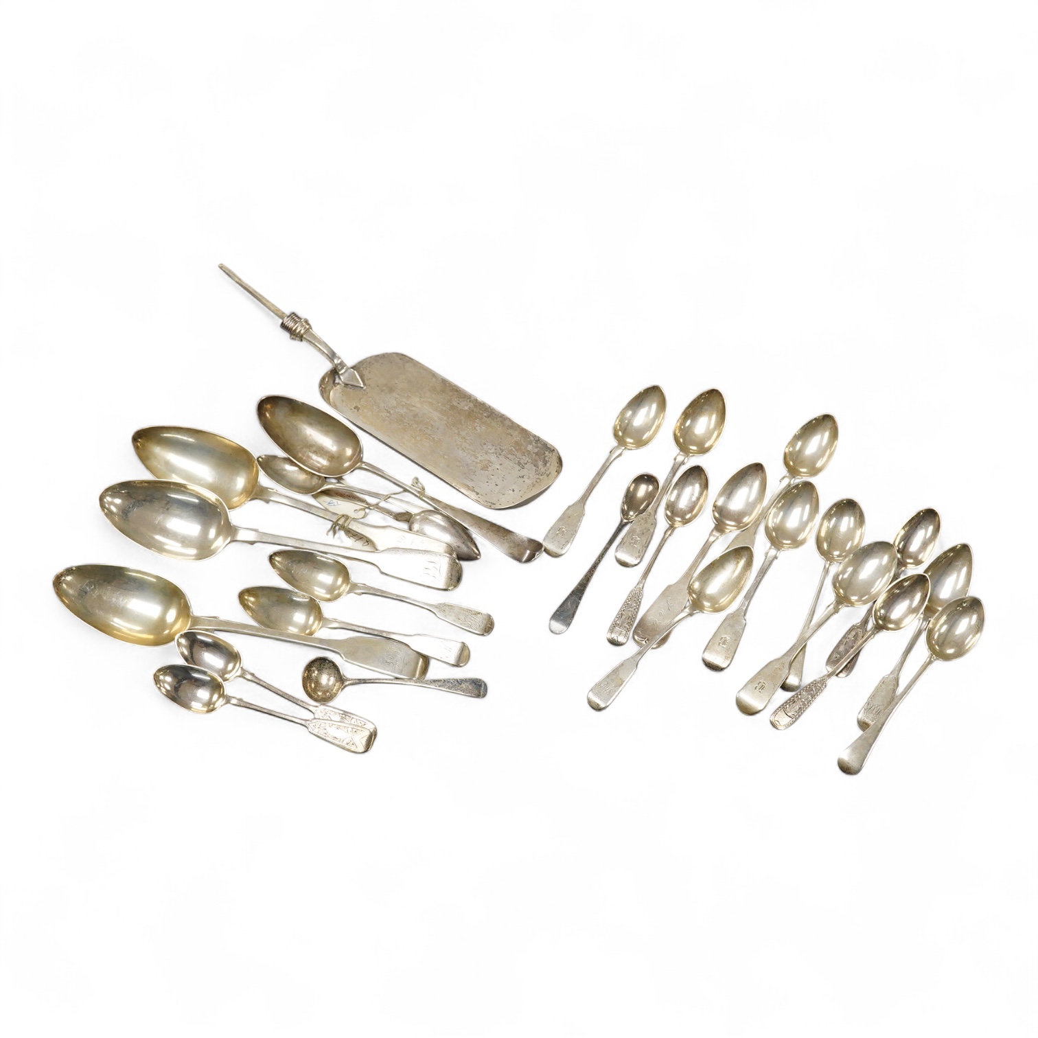A small quantity of assorted mainly 19th century silver flatware including table spoons and teaspoons, various dates, patterns and makers, together with a silver crumb scoop(lacking handle), five 19th century Russian 94